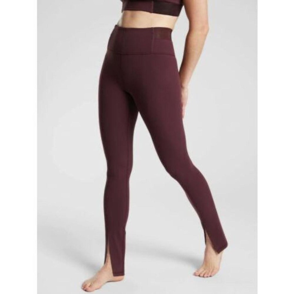 Athleta Aura Split Pant Women M High Rise Ribbed Waist Leggings Burgundy Plum